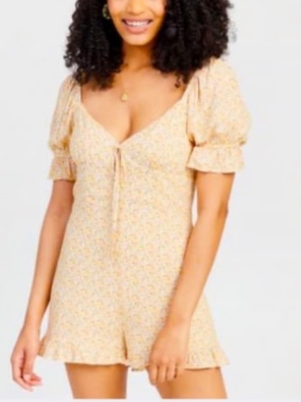 Altar'd State Yellow Floral Puff-Sleeve Romper